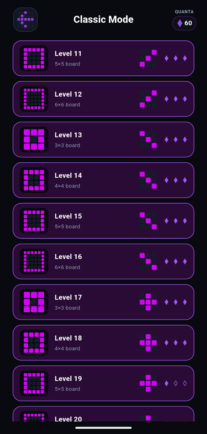 Classic Mode level selection screen showing progress through FlipGame puzzle levels